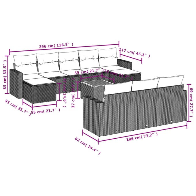 vidaXL - 11-delige - Tuinset - met - kussens - poly - rattan - beige