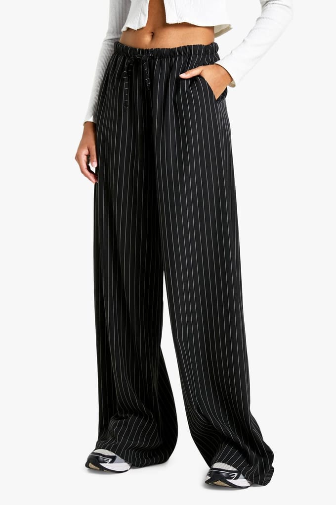 boohoo Dames Tall Drawstring Stripe Wide Leg Trousers | Zwart | Maat: 44