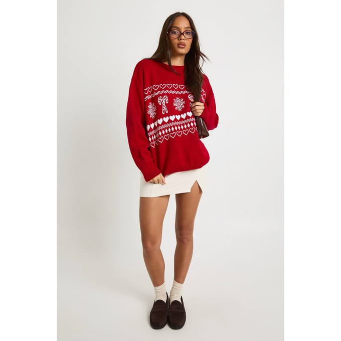 boohoo Dames Candy Cane Longline Kersttrui | Rood | Maat: XS