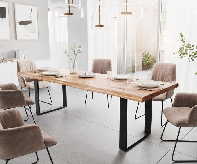 Eetkamertafel Classic-Edge acacia natuur 260x100 Frame schuin metaal zwart