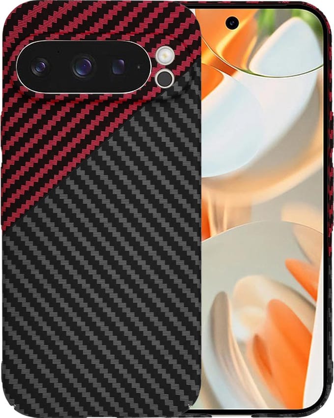 Hoesje geschikt voor Google Pixel 9 Pro - Techsuit Carbonite FiberShell Carbon Back Cover - Rood/Zwart