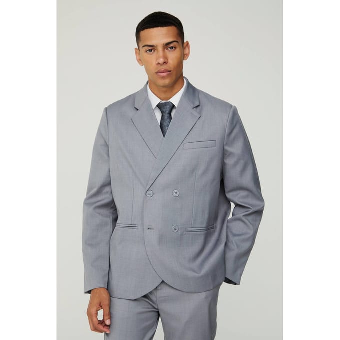 Textured Double Breasted Suit Jacket | Grey | Size 48