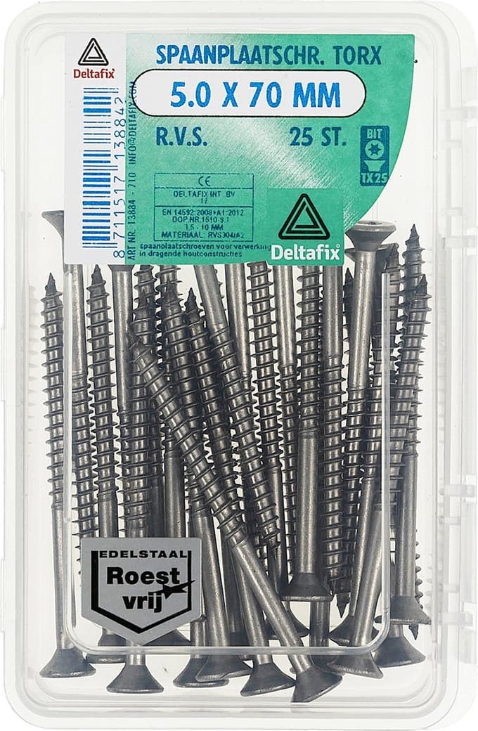 Deltafix spaanplaatschroef platkop / torx r.v.s. a2 5.0 x 70 mm 25 st.