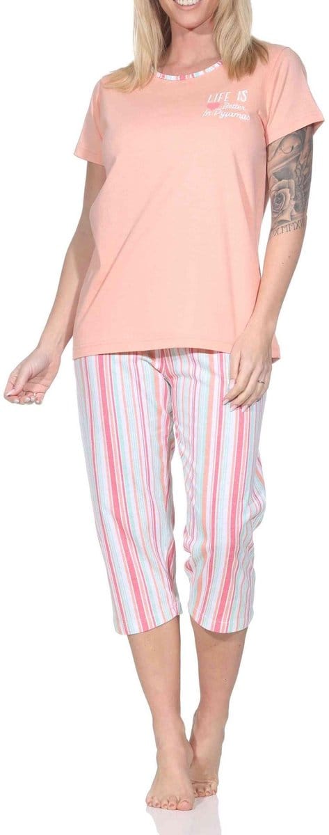Normann dames pyjama met korte mouwen en gestreepte capri pyjamabroek