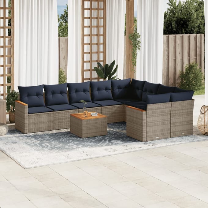 vidaXL - 10-delige - tuinbankset - met - kussens, - grijs - polyrotan