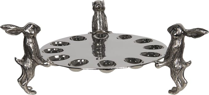Clayre & Eef Eierschaal Ø 38*15 cm Zilverkleurig Aluminium Hazen Eierdopje Eierhouder