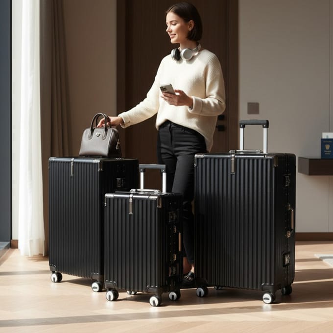 Black Hardshell Dual 4 Wheel ABS Bagagetrolley Hard Shell Cabin Koffer Set