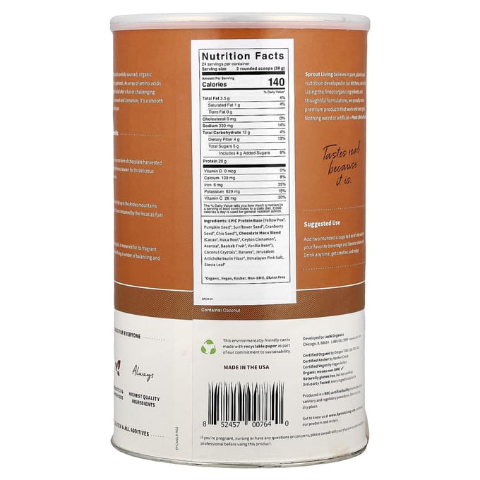 Epic Protein®, Biologisch Plantaardig Eiwit + Superfoods, Chocolade Maca, 912G (2lb)