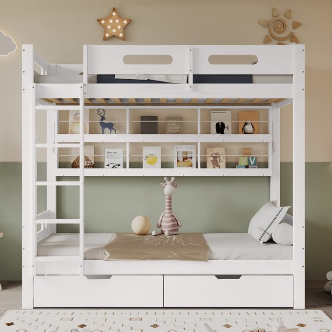 Stapelbed - 90x200 cm - met 2 Lades en Open Plank - inclusief Ladder - Grenen en MDF - Wit