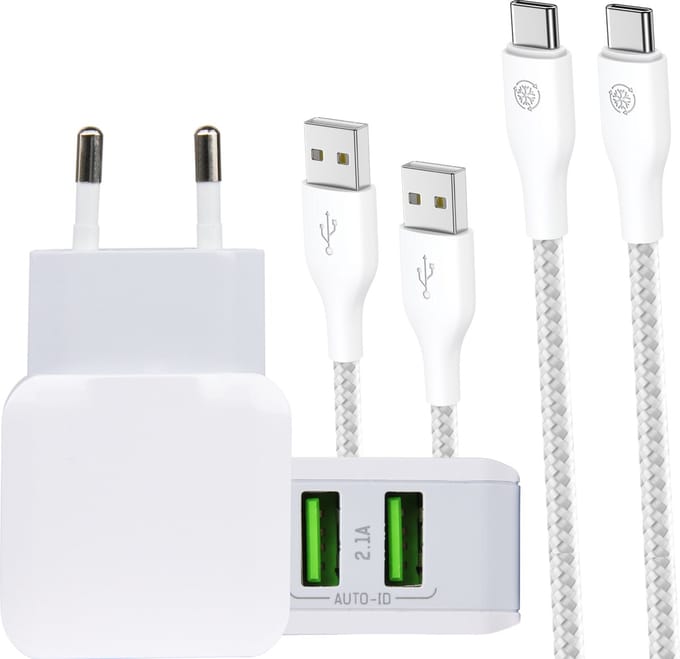 Usb Lader 2 Poorten + 2x usb naar usb C Kabel - 2 Meter usb-C Kabels - 10w Oplader - Universeel