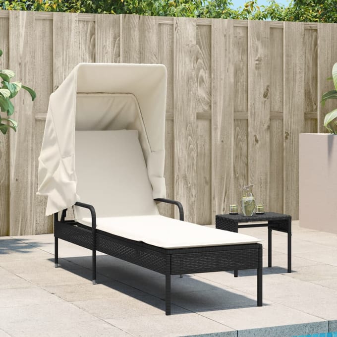 vidaXL - Ligbed - met - luifel - en - tafel - poly - rattan - zwart