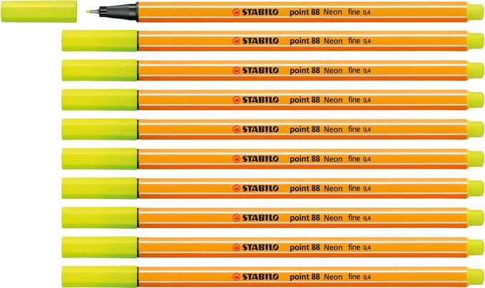 STABILO point 88 - Premium Fineliner - Fine 0,4 mm – Neon Geel – Doos 10 stuks