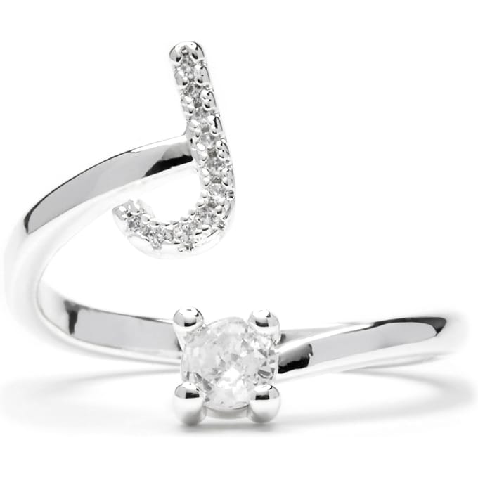 Bague - LUXENTER - Alphabet Lettre J - Taille ajustable - Plaqué rhodium - Zirconia argenté blanc