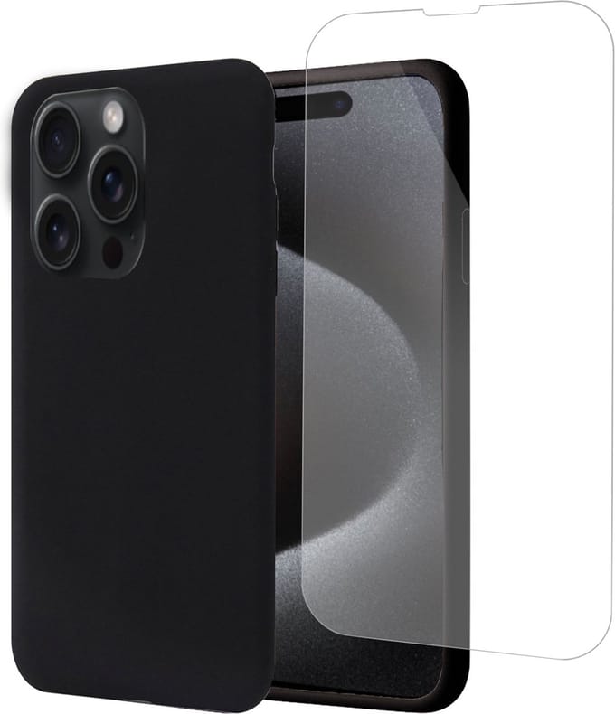 Geschikt voor iPhone 15 Plus Hoesje + Screenprotector – Gehard Glas Cover - Suède Case Zwart