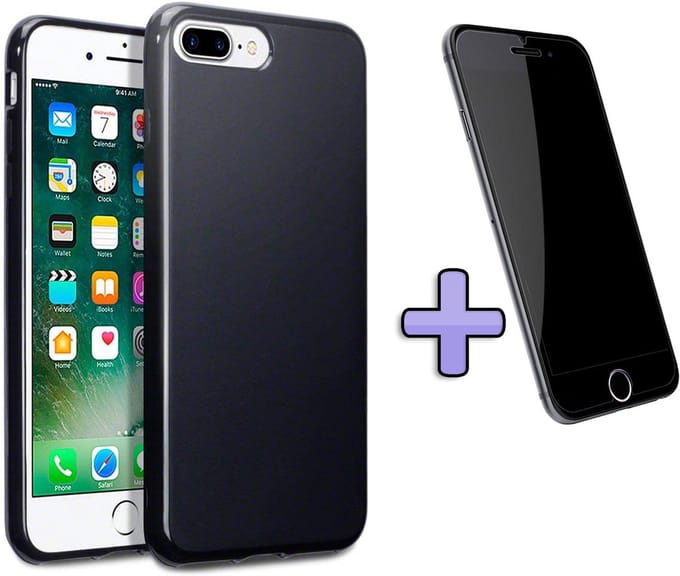 HB Hoesje Geschikt voor Apple iPhone 7 Plus - / 8 - Plus - Siliconen Back Cover / Glazen Screenprotector - Zwart
