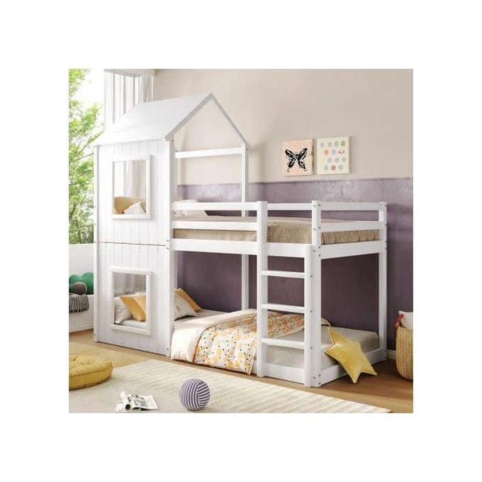 Stapelbed - MUVOE - 90x200 cm - Massief hout - Wit - Met ladder en hemel wit