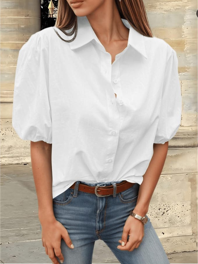 Blouse pour femme à col et manches bouffantes, boutonnée, décontractée et élégante, haut d'été L blanc