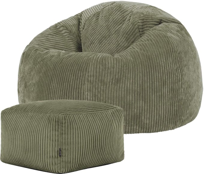 icon - Kingston Zitzak Fauteuil met Poef - Ribfluweel - Saliegroen