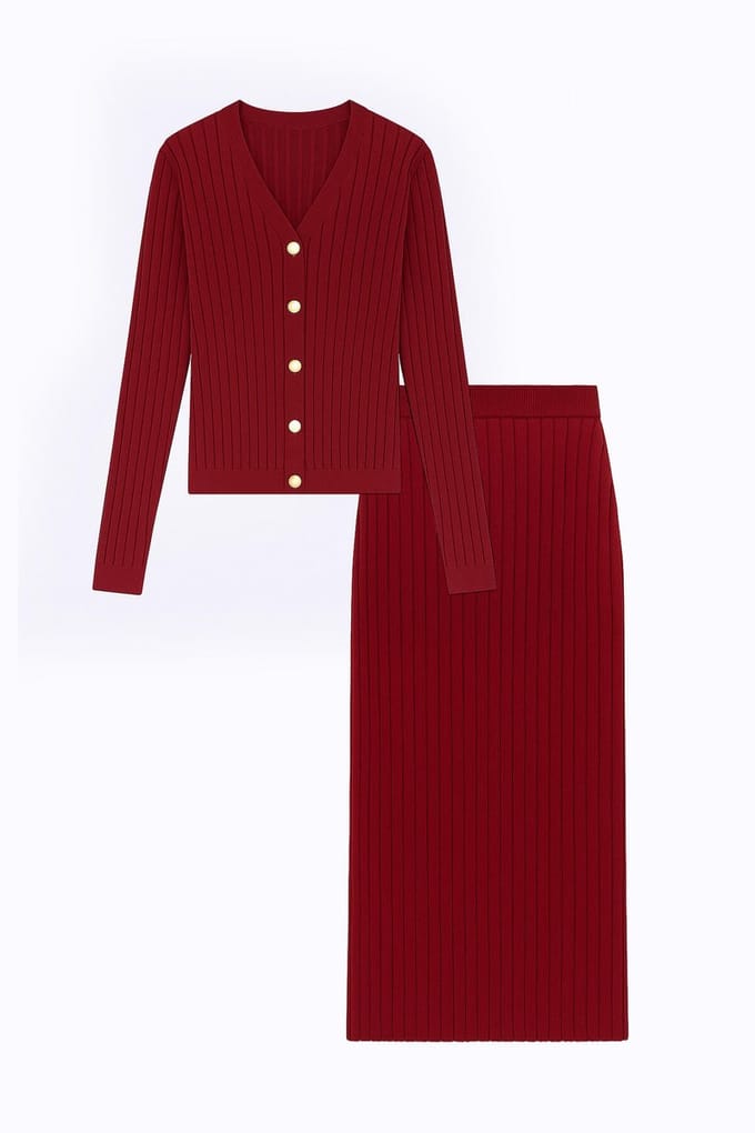 Touché Privé - Gebreide set van vest en rok - Bordeaux - Dames
