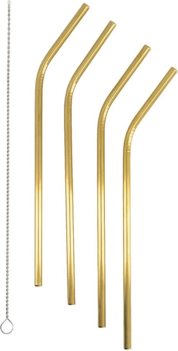 RVS rietjes met borsteltje - Goud - RVS - 20 cm - 4 stuks