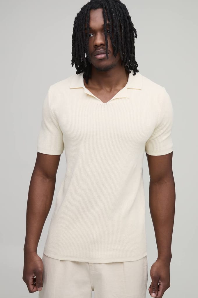 Tall Regular Fit Cotton Blend Ribbed Knitted Polo T-Shirt | Ecru | Size Large
