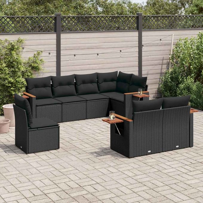 vidaXL - 8-delige - Loungeset - met - kussens - poly - rattan - zwart