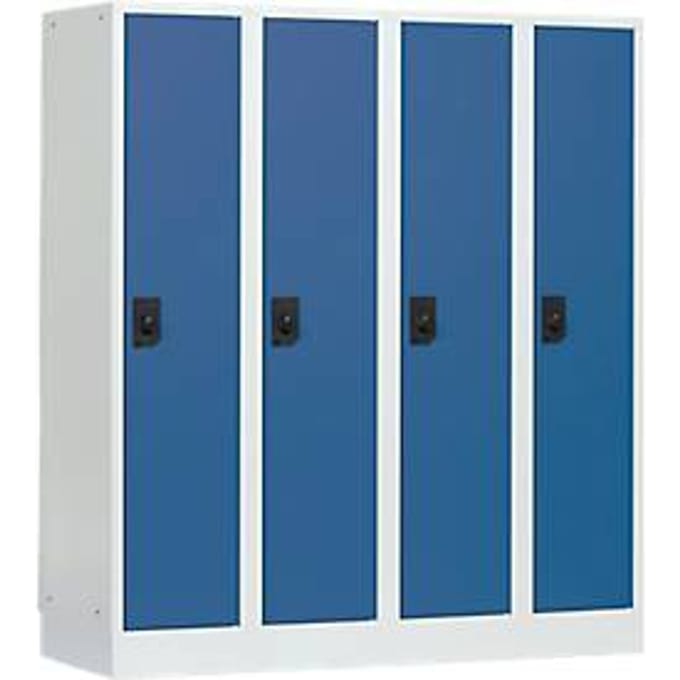 Schoollocker, compartimentbreedte 300 mm, veiligheidscilinderslot, 4 compartimenten, lichtgrijs/briljantblauw