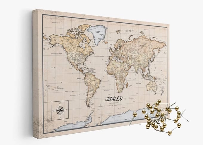 Akoestische Wereldkaart op Canvas 60x40 cm - Prikbord met Engelse Inscriptie