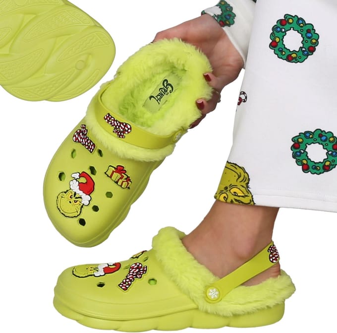 Grinch Groene damesslippers, GEÏSOLEERDE, KERSTMIS, tuinklompen met bont voor vrouwen