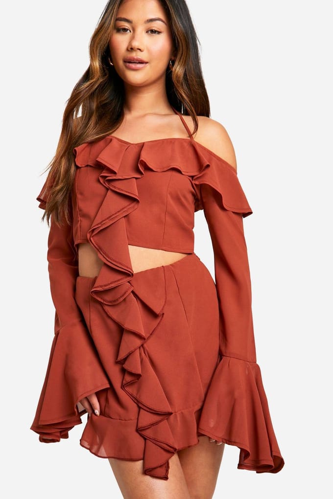 boohoo Dames Chiffon minirok met ruches aan de voorkant | Roest | Maat: 38