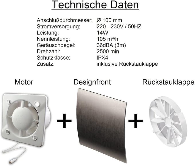 Badkamerventilator - Muurventilator - Vochtige Ruimtes - Met Vochtsensor - 100 mm - Geborsteld Zilver