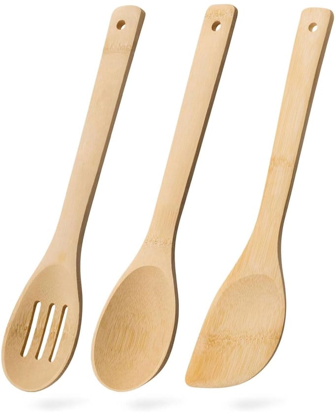 Houten keukenlepel set van 3 - Schuimspaan, lepel en spatula van bamboe
