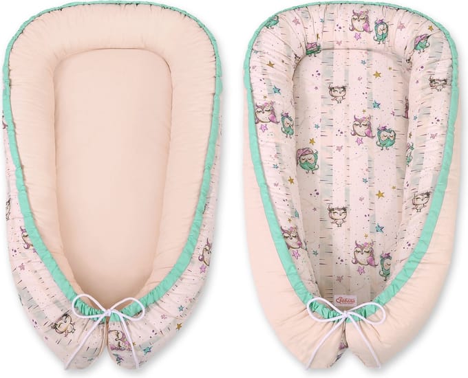 Babynest dubbelzijdig Premium Cocoon voor baby's BOBONO- uilen crÃ¨me/poederroze