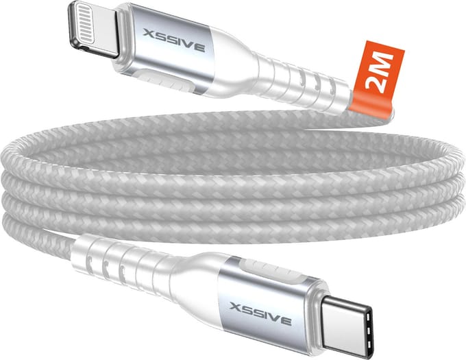Xssive Gevlochten USB C Kabel - geschikt voor iPhone met Lightning - 27W - 2 Meter - Wit