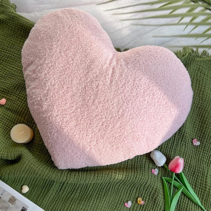 Roze Hartvormig Sierkussen (45x45 cm) - Zacht Sherpa Decoratie Kussen