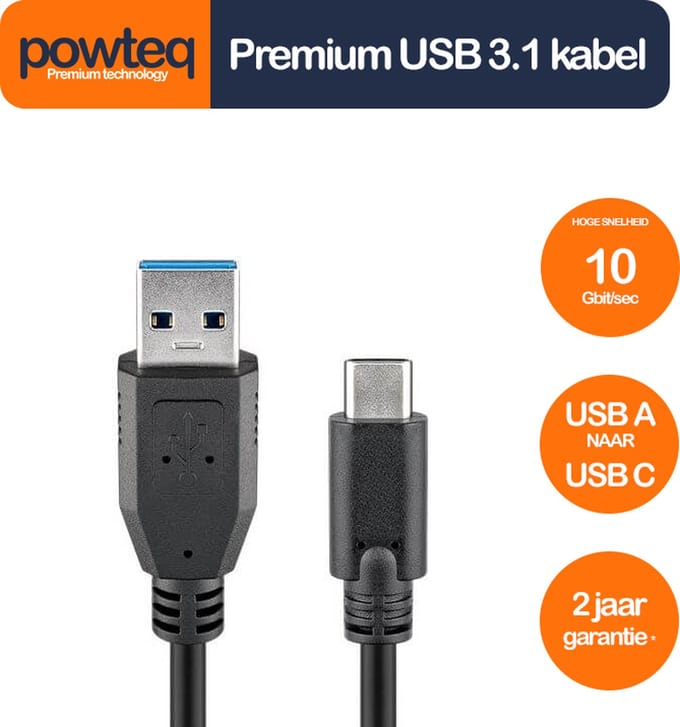 Powteq - 1 meter premium USB 3.1 kabel - USB A naar USB C