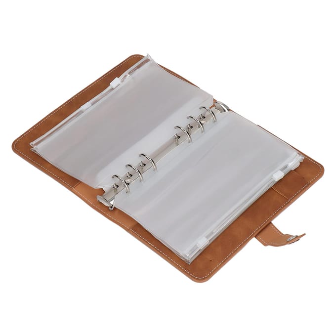 Cash Binder A6 Draagbaar Formaat PU Leer 6 Voorgeperforeerde Gaten Budget Binder met 12 Transparante Ritszakken bruin