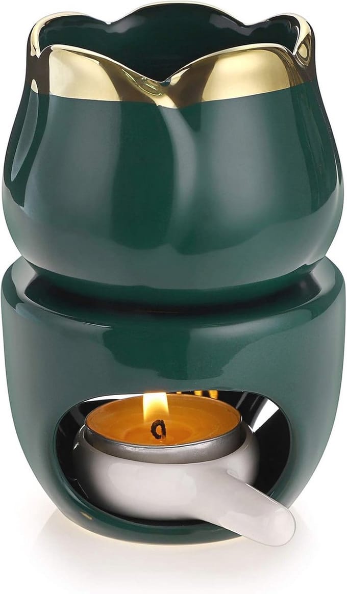 Keramische etherische oliebrander voor wax smelt met decoratief bloemmodel in groen