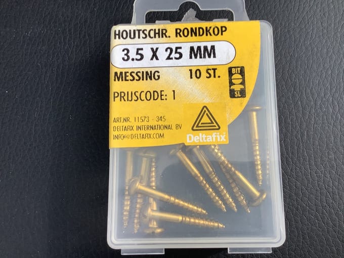 Houtschroef. 3.5 x 25mm. Lang. Messing. Koper. Ronde sleufkop. 10 stuks. Meestersmid, DeltafiX.