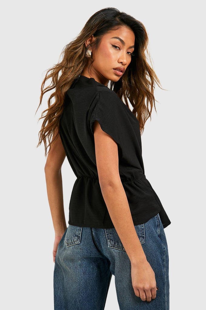 boohoo Dames Gehamerde Knot Front Cowl Neck Blouse | Zwart | Maat: 36