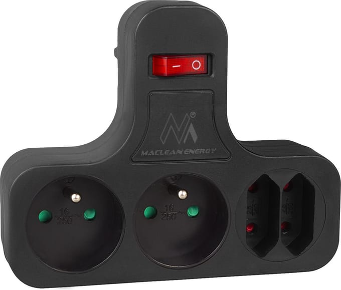 Maclean - Wandcontactdoos - Stekkerdoos - aan/uit schakelaar - type schuko - Type E, 2x2,5A, 2x16A, MCE224 E/B