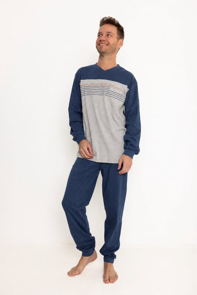 Outfitter - heren pyjama interlock 421913 - warme pyjamaset - donkerblauw met V-hals - maat XL