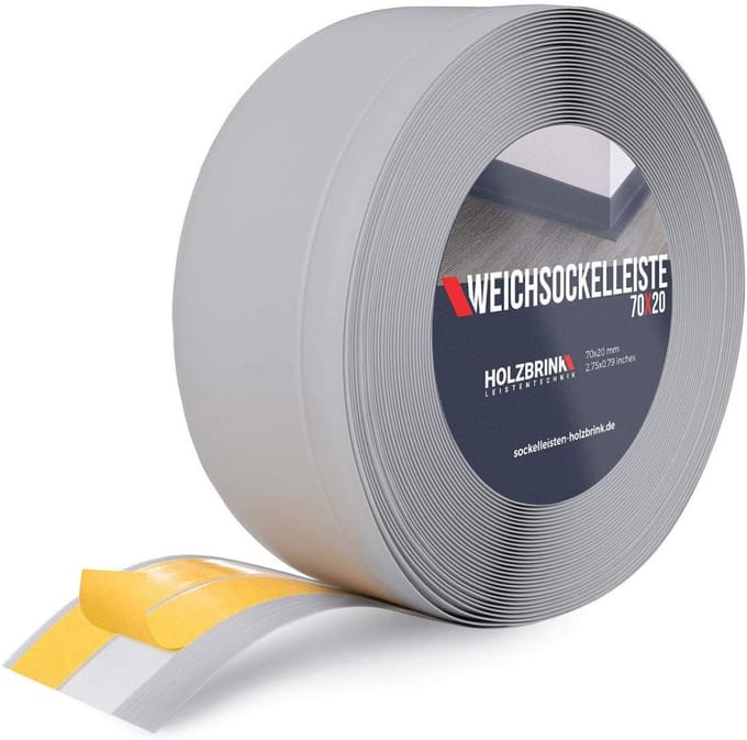 Zachte plint grijs PVC 70x20 mm 5 meter, zelfklevend