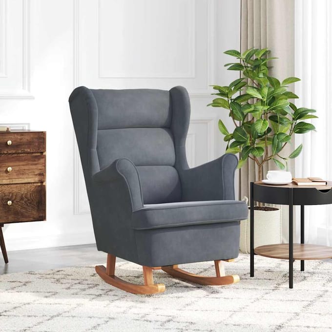 vidaXL - Schommelstoel - met - oorleuning - donkergrijs - fluweel - massief - hout