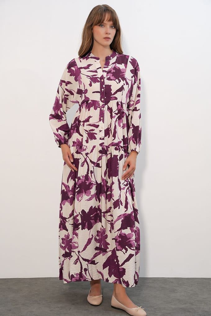Floral Maxi Jurk Met Mandarijnkragen