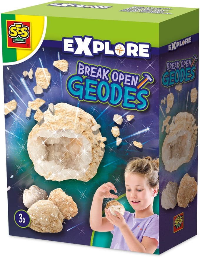 SES Creative - Explore - Geodes open breken - Echte Kristallen van Binnen - Met 3 Geodes Stenen – Experimenteerdozen