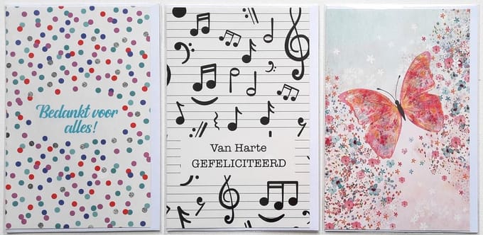 3 Wenskaarten - Bedankt voor alles + Van Harte Gefeliciteerd + Vlinder - 12 x 17 cm – BED-305