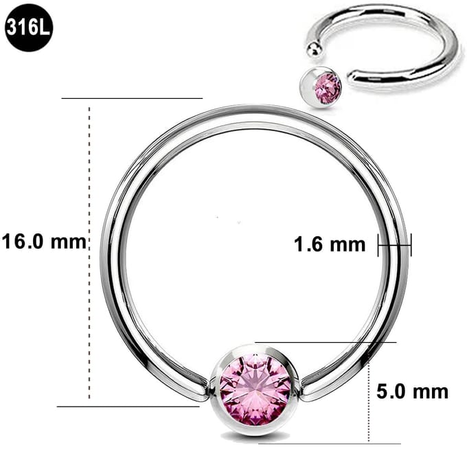 Ball Closure Piercing Ring – 1.6 mm Dikte – 16.0 mm Diameter – Chirurgisch Staal - roze steen