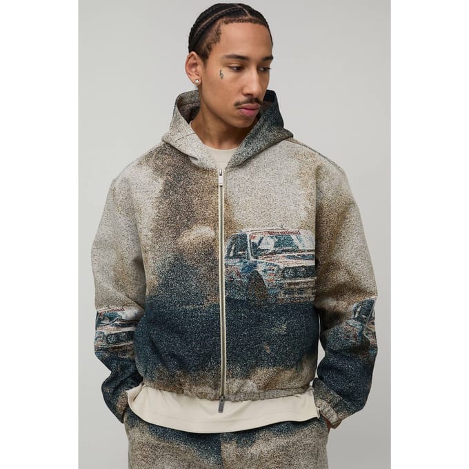 Oversized Boxy Car Tapestry Hoodie | Stone | Size Small