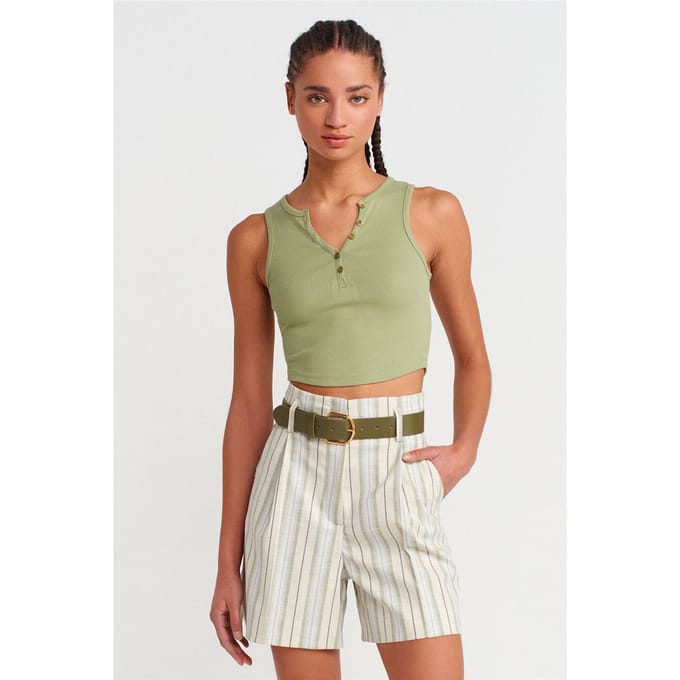 Dames Geribbelde Cropped Blouse met Knopen